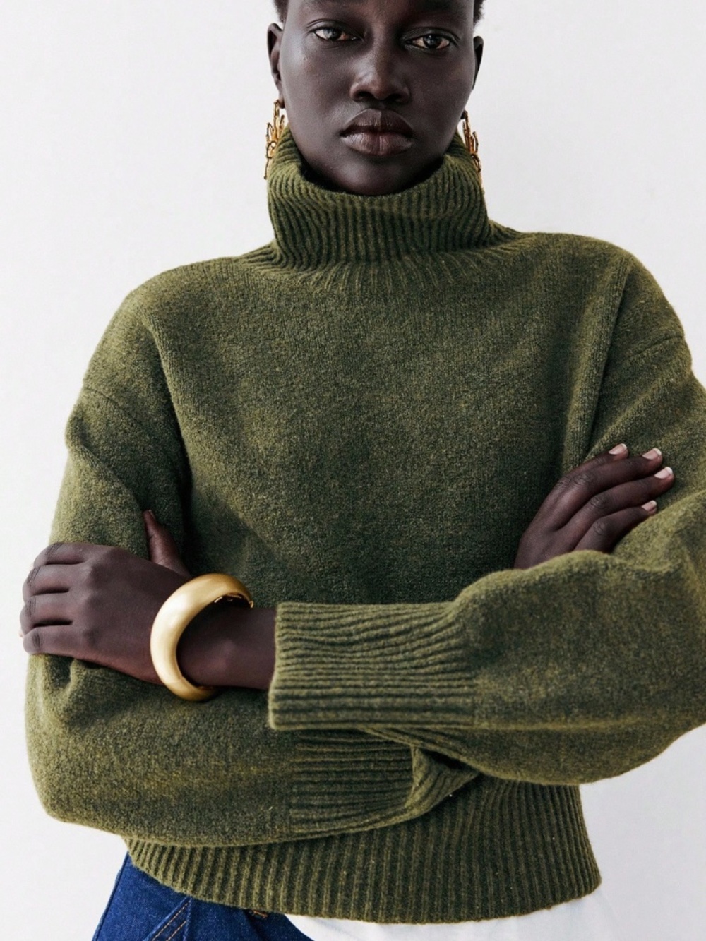 Wool Blend Dark Green Turtleneck Knit Pullover Sweater Long Sleeve
